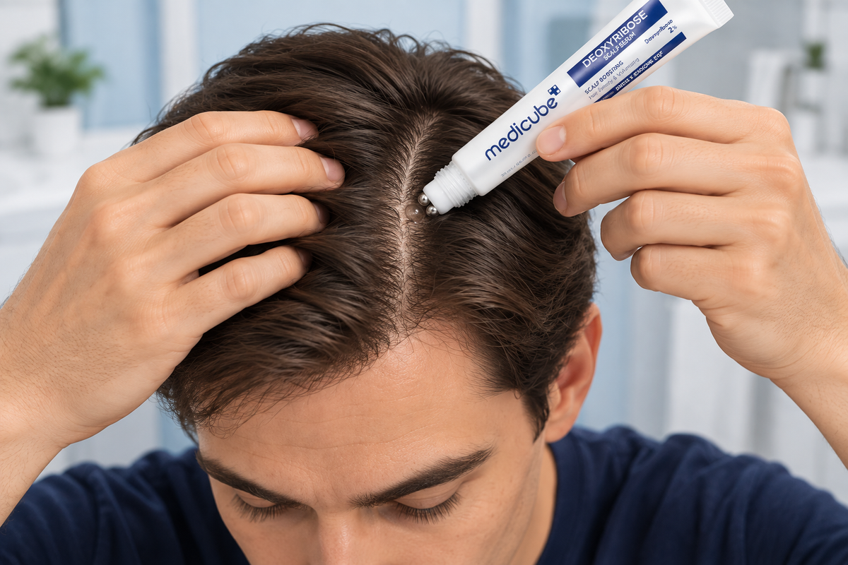 Man applying scalp serum along a hair part with the massage-ball applicator