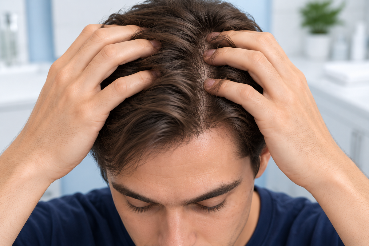 Man gently massaging his scalp with his fingertips