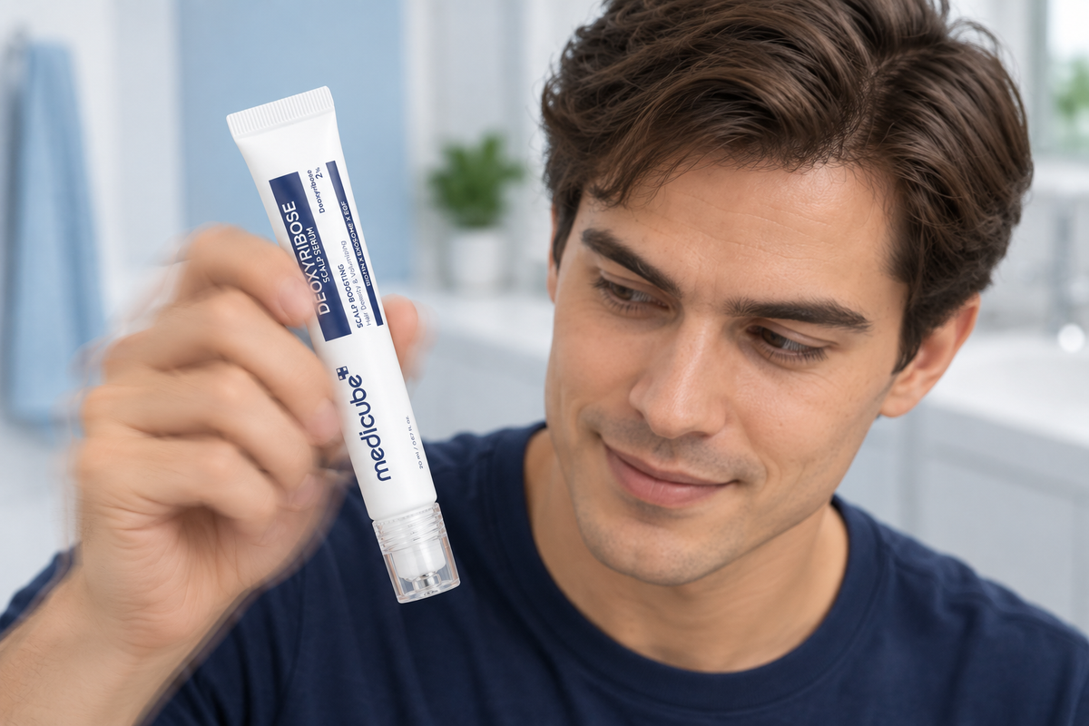 Man shaking the capped scalp serum tube before use